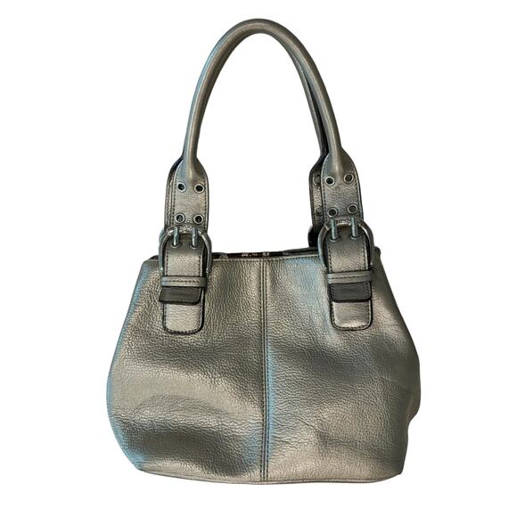 Tignanello Handbags - Tignanello Gold Metallic Silver Pebble Leather Magnetic Snap Hobo Bucket Handbag